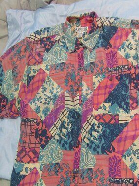 100% Silk Long SHORT SLEEVE PATCHWORK BLOUSE L COMPAGNIE INTERNATIONAL WHISTLES